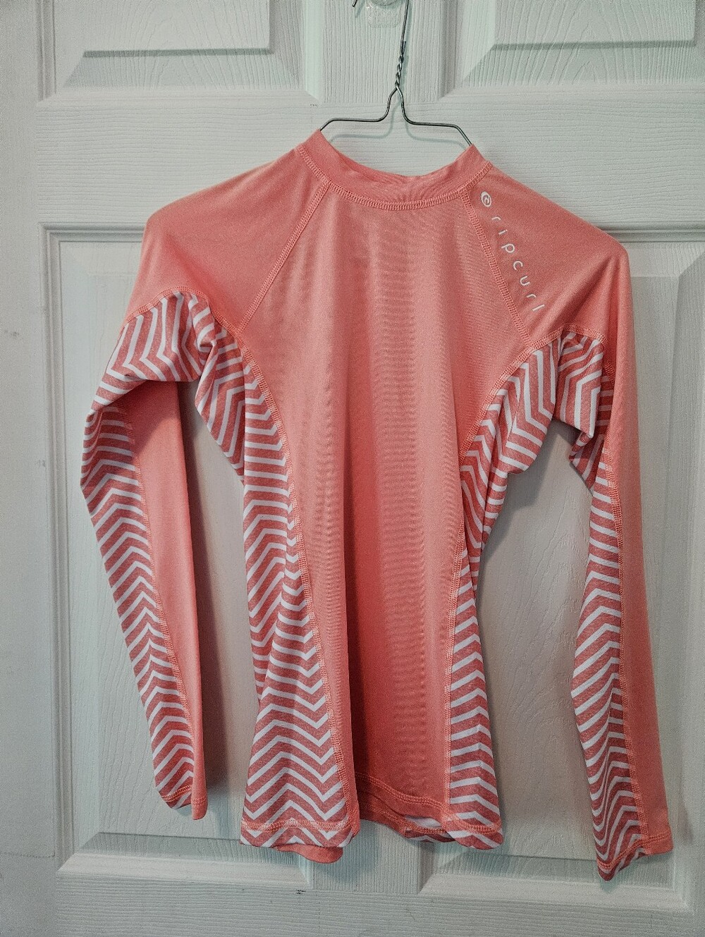 Rip Curl Coral-Pink Long Sleeve Rash Top with Chevron Sleeves